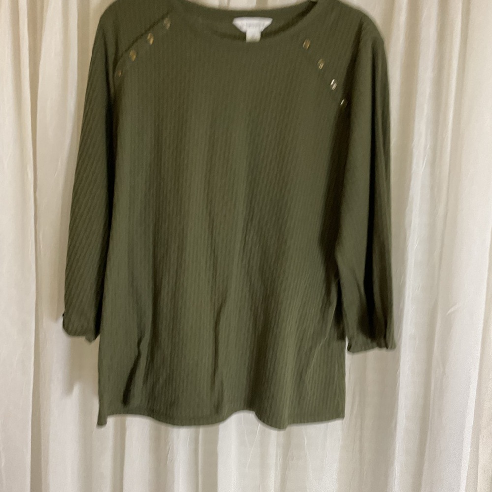 Liz Claiborne Olive‑Forest Green Ribbed Button‑Shoulder Top | Size XL EUC - Picture 2 of 7